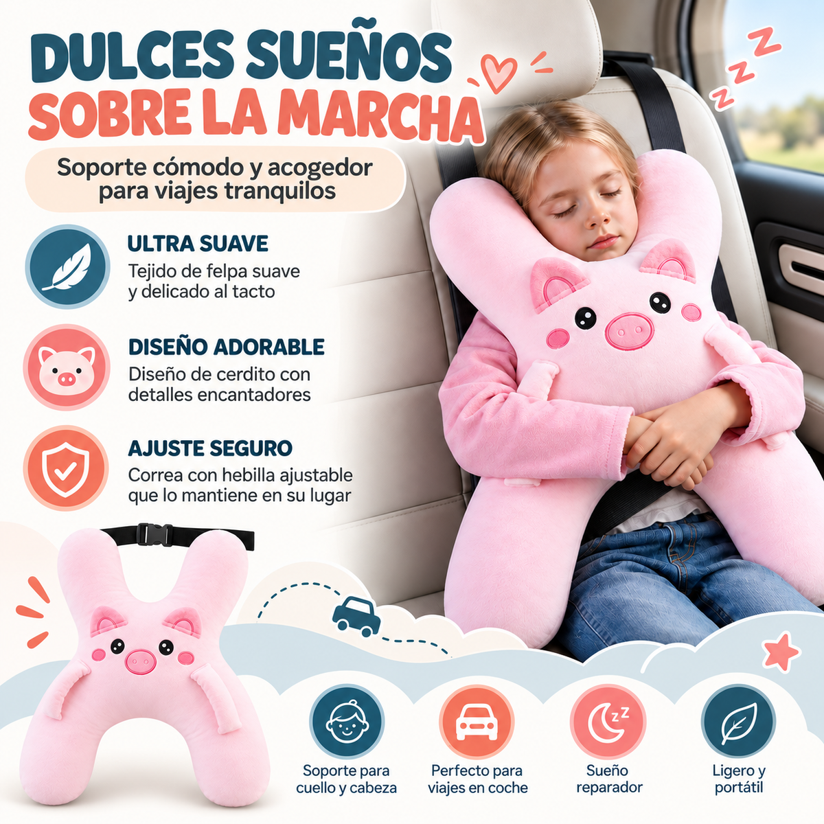 Niño durmiendo en el coche con la almohada SleepyRoad