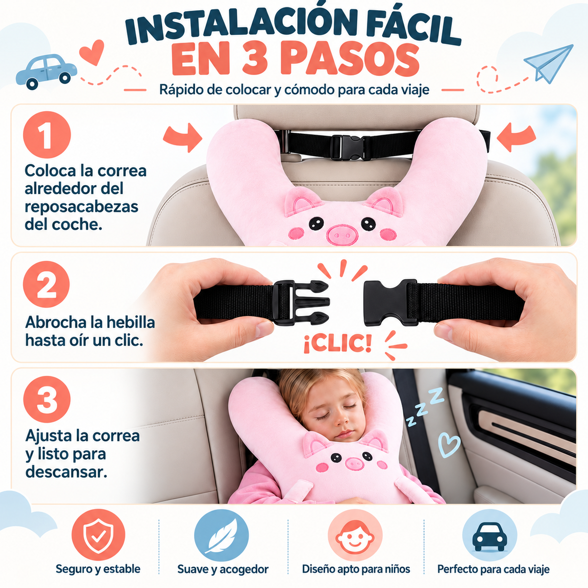 Detalle de la almohada infantil de viaje SleepyRoad